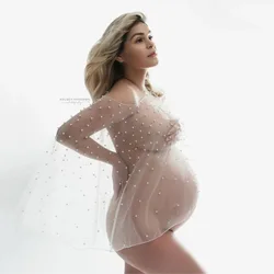 Maternity Photography Tulle Pearl Cloak Tops Sexy Mesh Pregnancy Photo Shooting Clothes For Pregnant Women Beading Blouse Cover