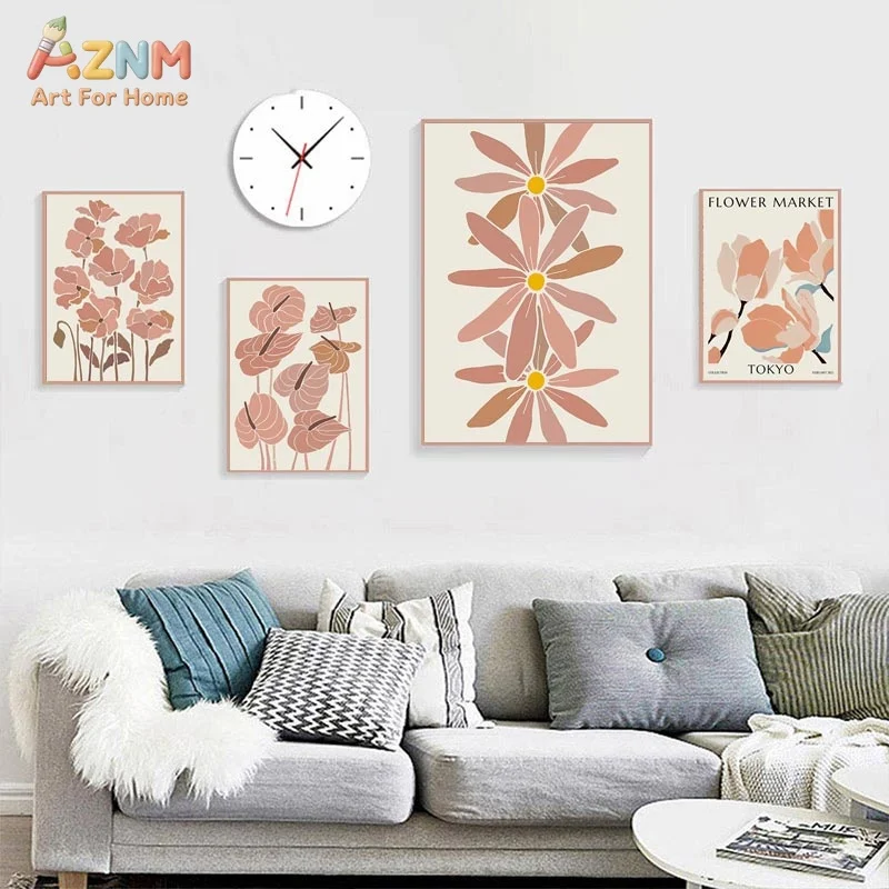AZNM Frameless Canvas Wall Art, Neutral Matisse Cutout Floral Print, Tokyo Flower Market Pastel Magnolia Daisy Botanical Poster view 4