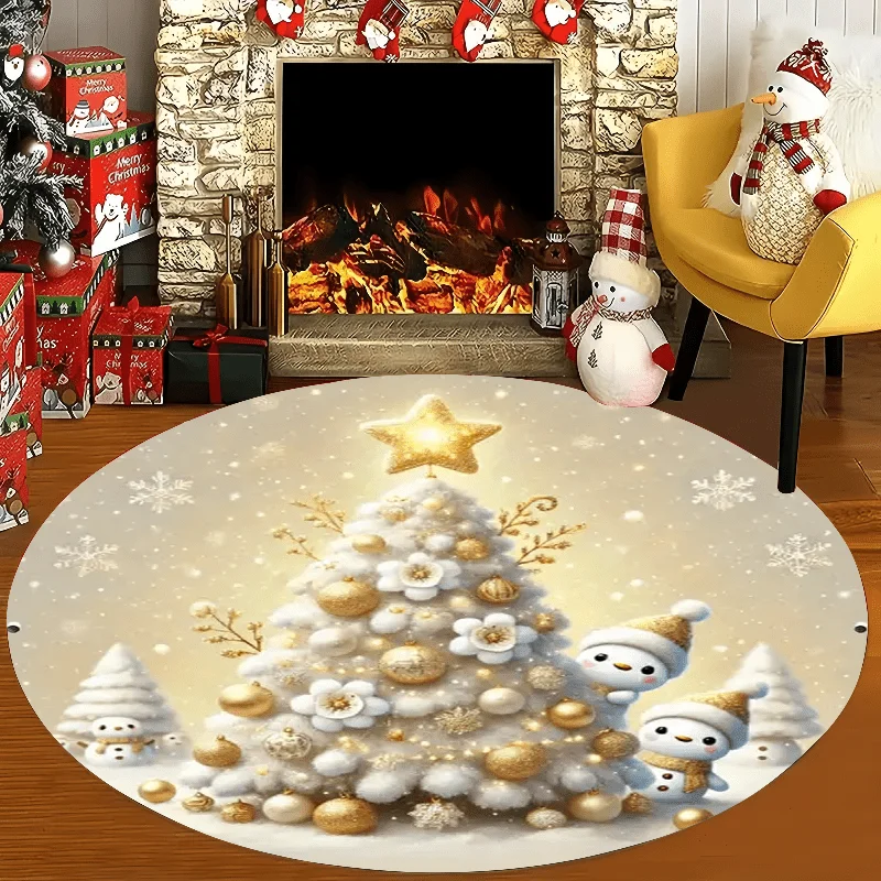 Glowing Star White Fluffy Christmas Tree Tiny Snowman Round doormat Warm Light Tone Holiday Decor Rug