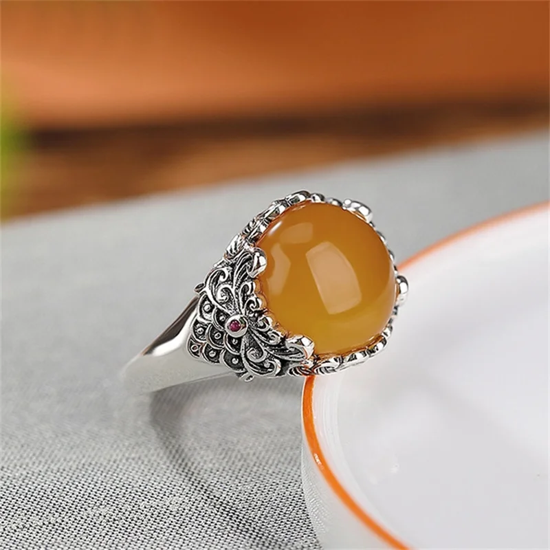 Ethnic Style Jade Yellow Egg-shaped Ring Women Jewelry Retro Relief Lines Flower Ring For Lady Birthday Gift