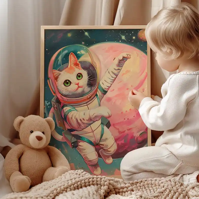 Astronaut Wall Art Poster or Canvas Print, Tabby Cat Astronaut Space Art, Pink Planet Whimsical Cat in Space Retro