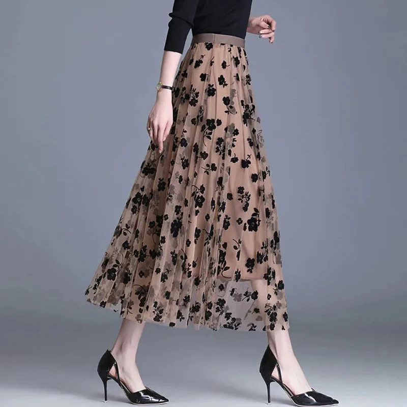 80cm  Tulle Midi Skirt Korean Women Elegant Hook Floral High Waisted Skirt Summer Holiday Fashion Casual Lady Mesh Skirt New