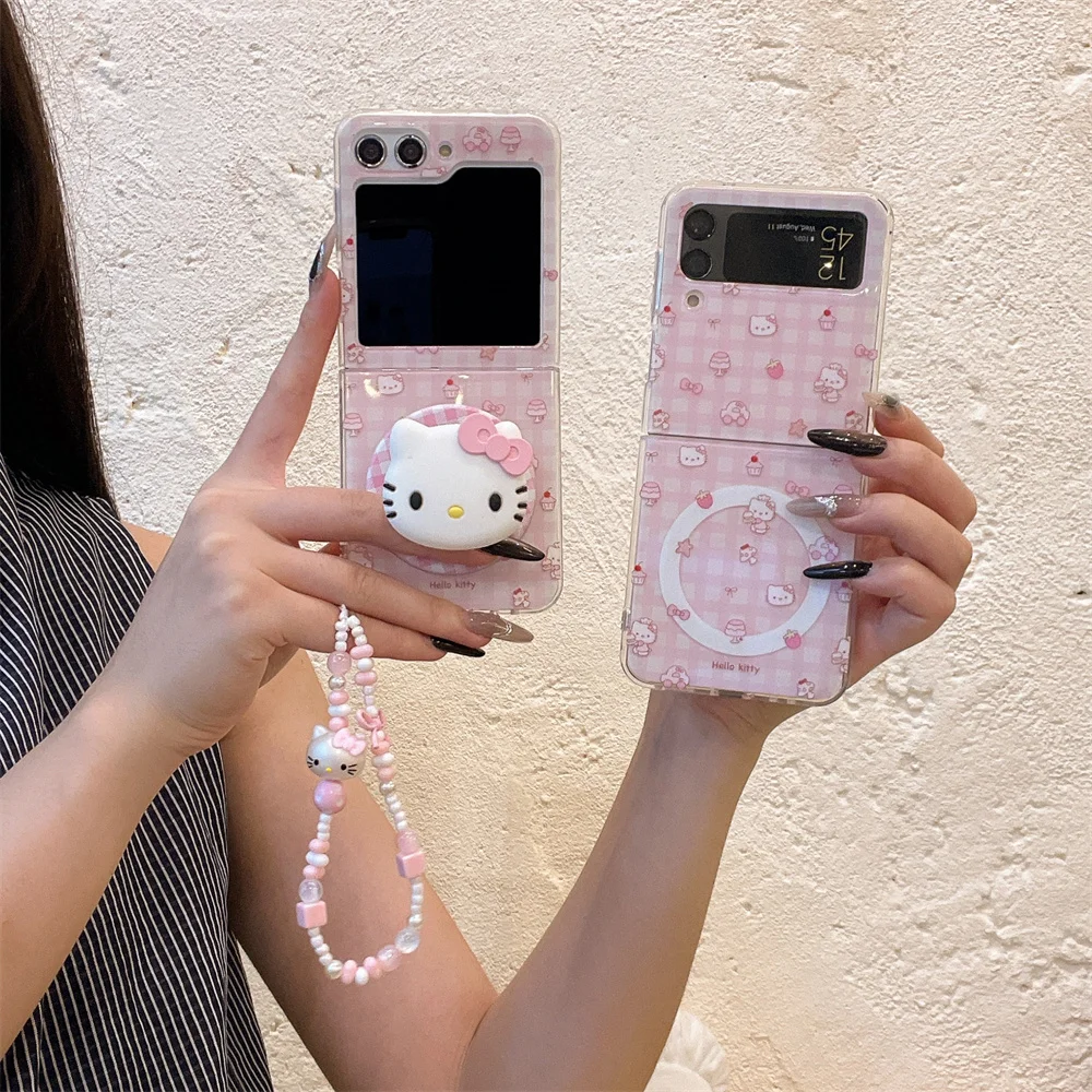 

Cute New Hellokitty with hinges cartoon phone case for Samsung Galaxy Z Flip7 FE flip6 4 3 flip5 cover For Magsafe stand Cover