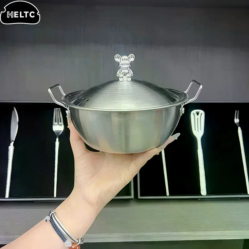 201 Stainless Steel Salad Bowl Melting Boiling Pot Instant Noodle Bowl Korean Rice Wine Bowl With Double-ear Handle Snack Basket