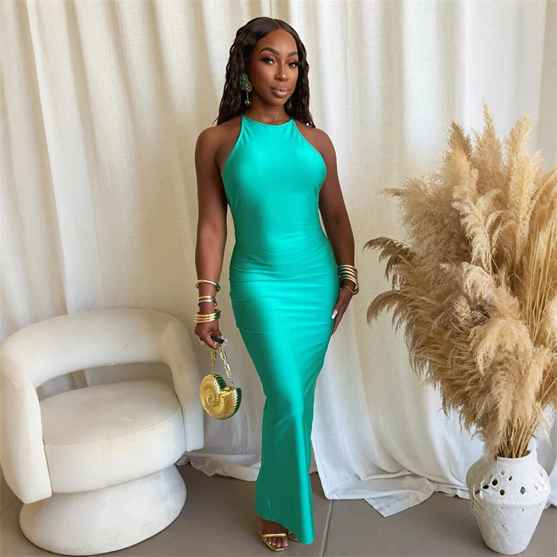 Doyerl elegante mode satijnen maxi-jurk voor dameskleding halter rugloze mouwloze nachtclub feest lange jurken verjaardag