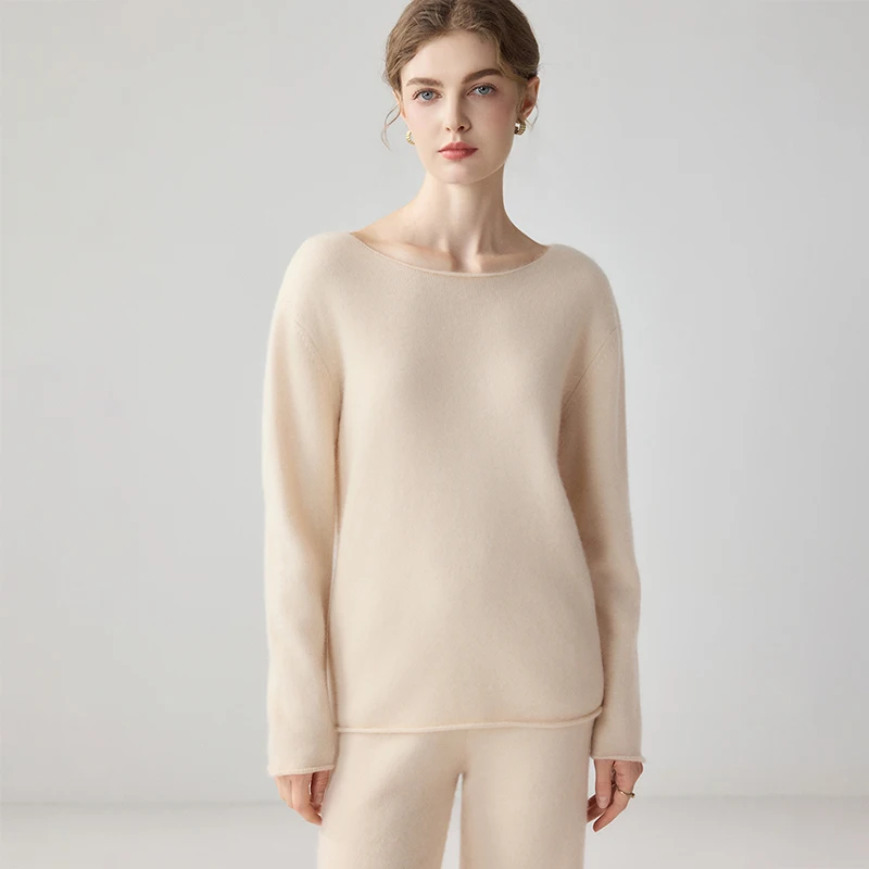 Autumn Winter Women's 100% Cashmere Pullover Sweater Wide Boat Neck Rolled Edge Hem Cuffs Mellow Minimal Long Sleeve Knit Top