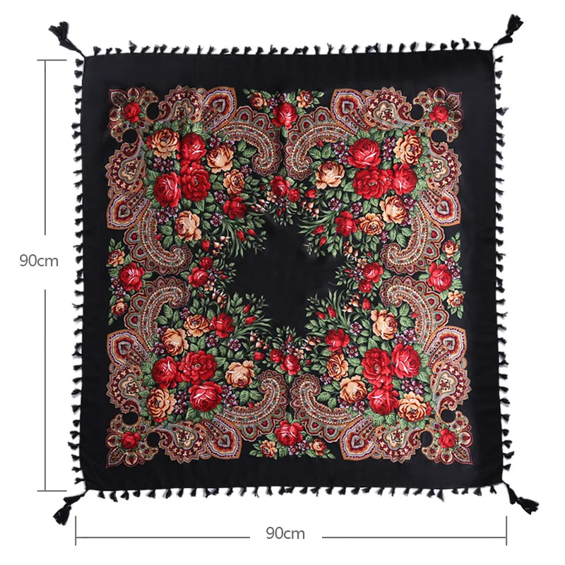 90*90CM Women Russian Style Peony Floral Printed Long Tassel Large Square Scarf Warm Wrap Traditional Ethnic Mexican Shawl