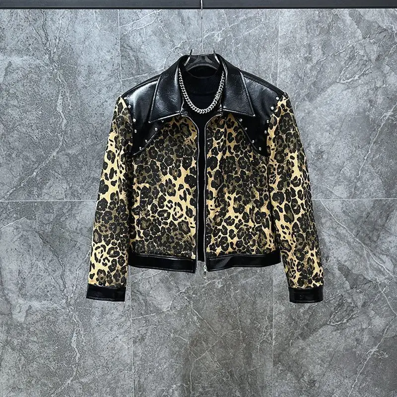 Autumn Winter Fashion Leopard Print Jacket Cool Trendy Rhinestone Patchwork Design Coat Men's New Niche Leather Color-Block Top