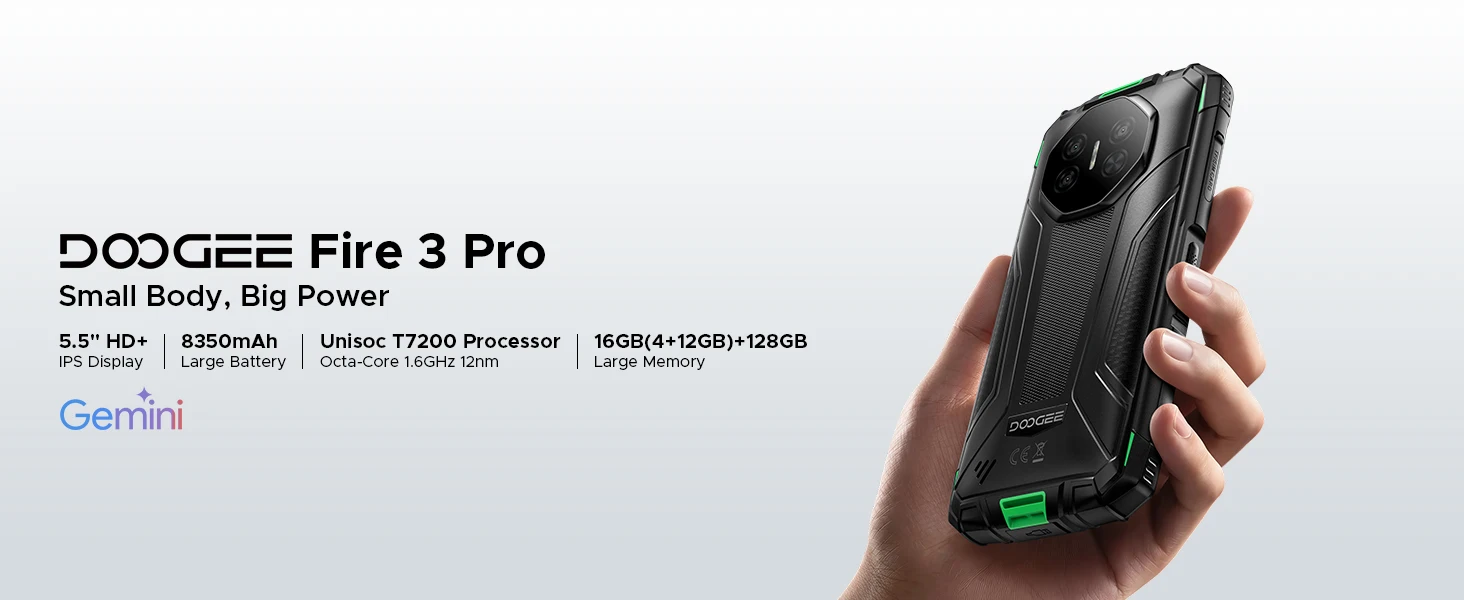 DOOGEE Fire 3 Pro Rugged Phone 8350mAh Battery 5.5'' Screen 16GB RAM (4GB+12GB)  128GB ROM UNISOC T7200 Android 15 Mobile Phone