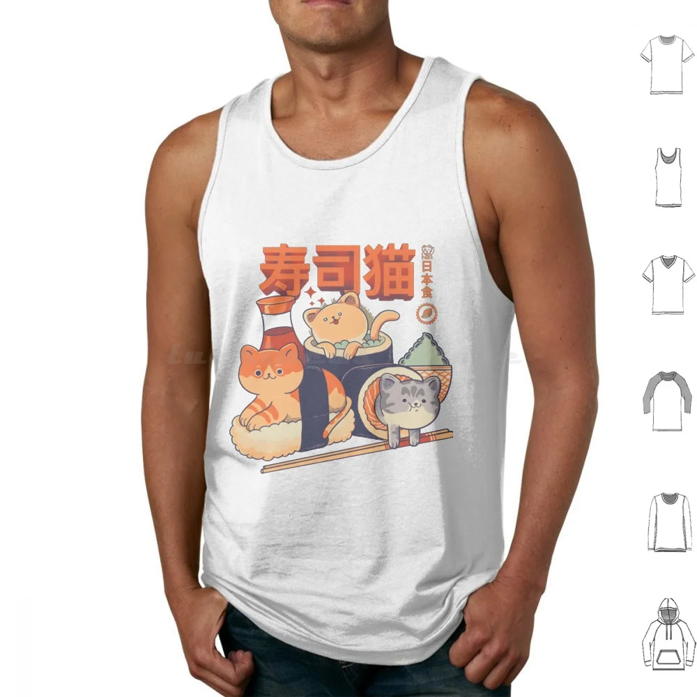 Sushi gatos camisetas sin mangas chaleco sin mangas Sushi animales gatos comida Japón japonés Kawaii gatito Kitty Meow Neko mascotas salsa de soja Wasabi