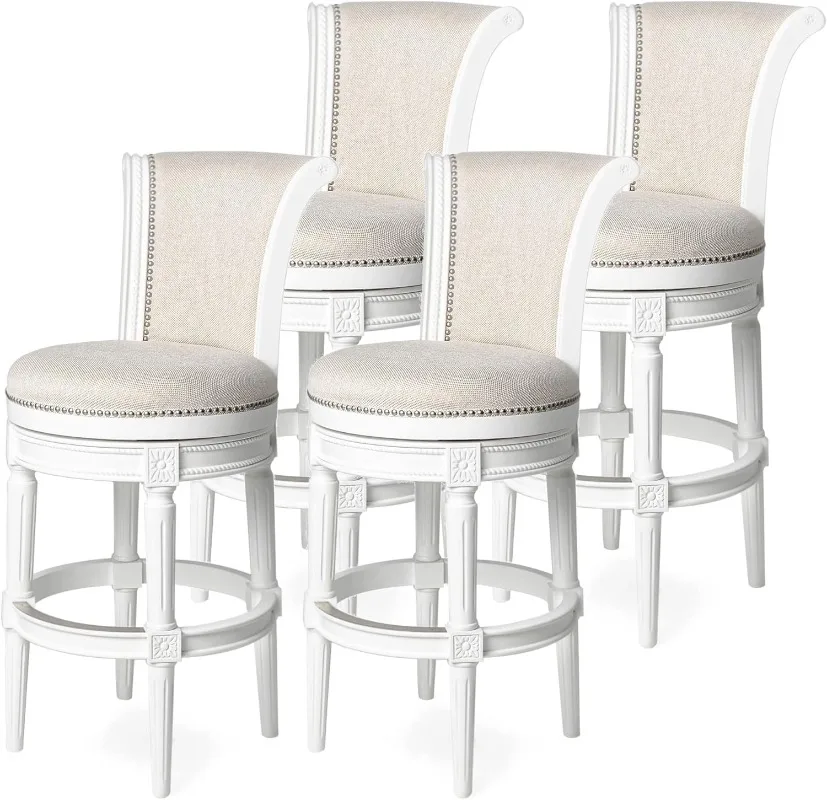 Pullman 31 Inch Tall Bar Height Upholstered Barstool with Back in Alabaster White Finish with Cream Fabric Cushion Seat Set of 4