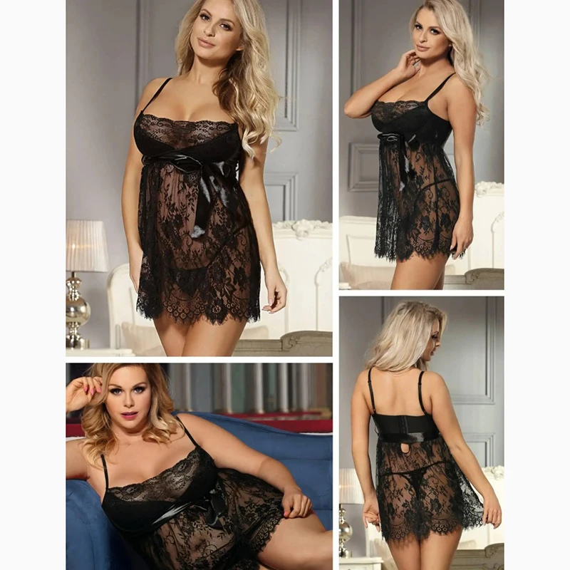 النساء زائد حجم الملابس الداخلية رمش الدانتيل بيبي دول ثوب النوم حجم كبير ملابس خاصة شبكة قميص بدوار باس النوم #3