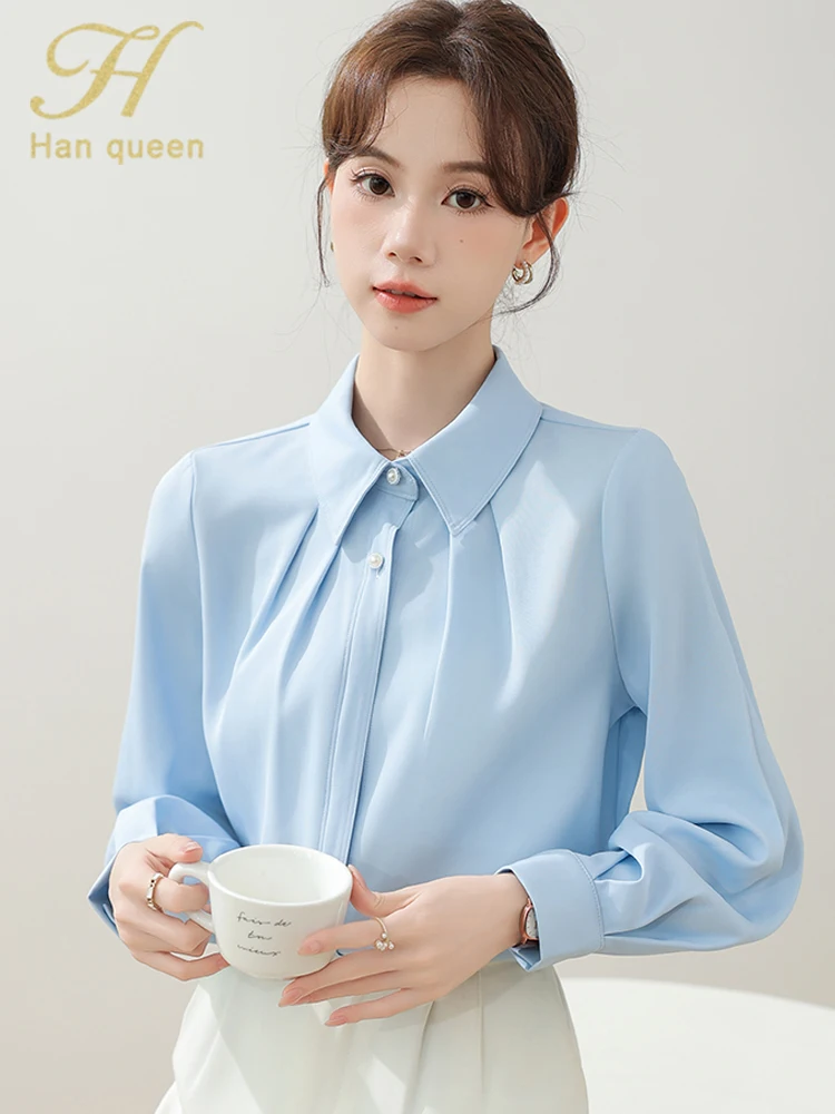 

H Han Queen 2025 Autumn Tops Elegant Loose Simple Office Shirt Korean Casual Satin Long Sleeve Chiffon Blouse Women's Clothing
