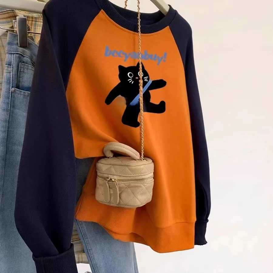 

American Retro Color Block Shoulder Insert Doggie Sweatshirt Women's Spring Autumn Long Sleeve T-Shirt Base Loose Top