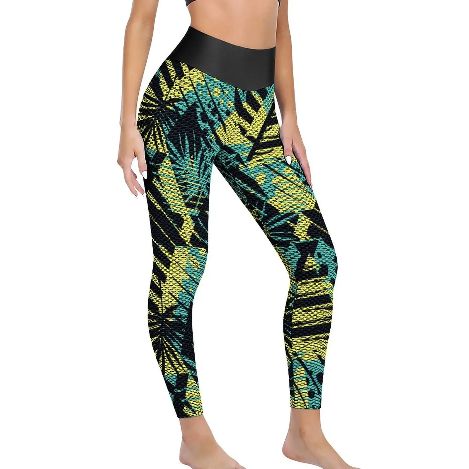 

Palm Leaf Print Leggings Abstract Geometrical Gym Yoga Pants Lady Push Up Breathable Sport Pants Quick-Dry Custom Yoga Leggings