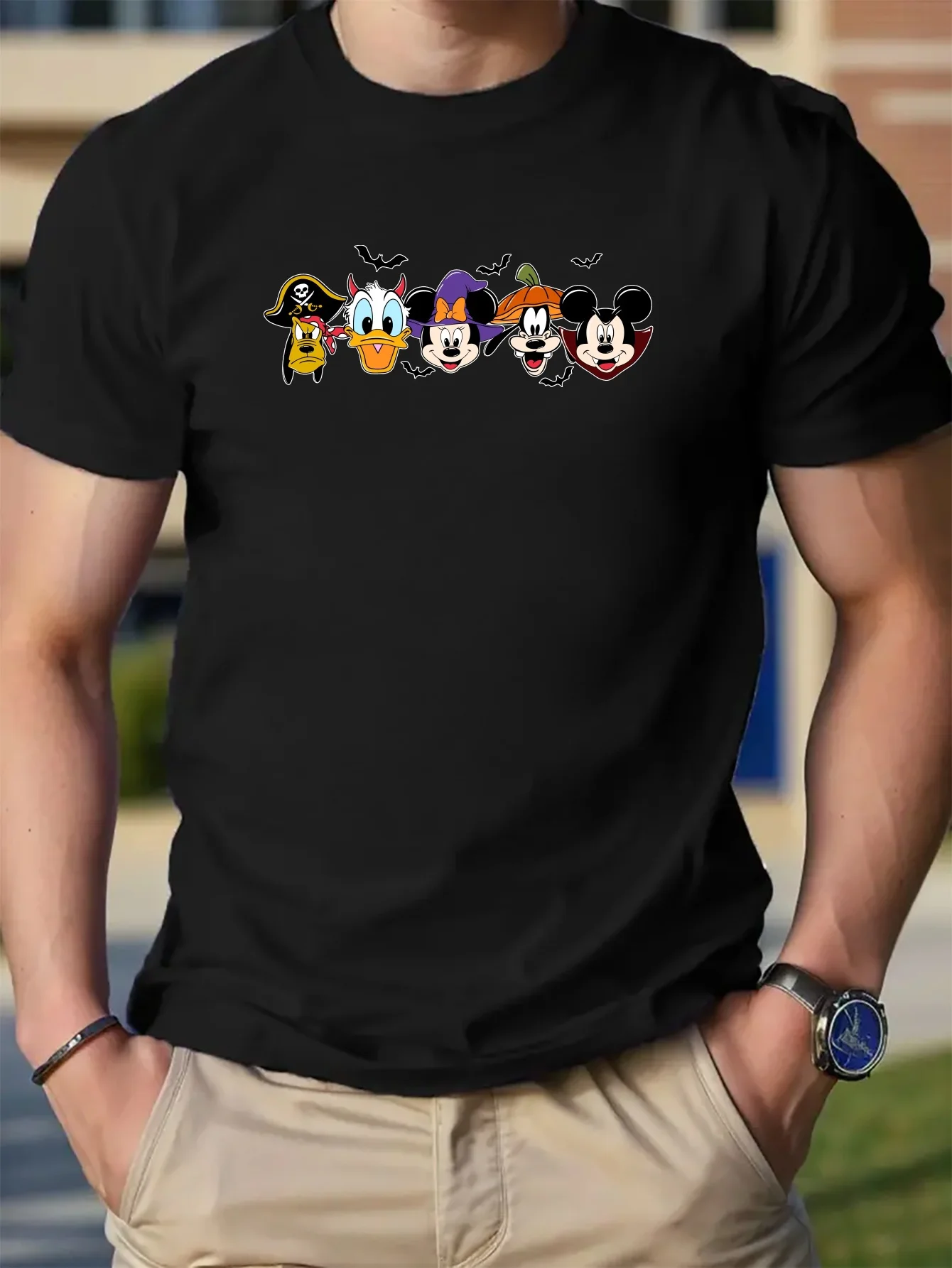 Disney T-Shirts Men\'s Casual Cartoon Halloween Mickey And His Friends Print Short Sleeve Slight Stretch Casual Comfortable