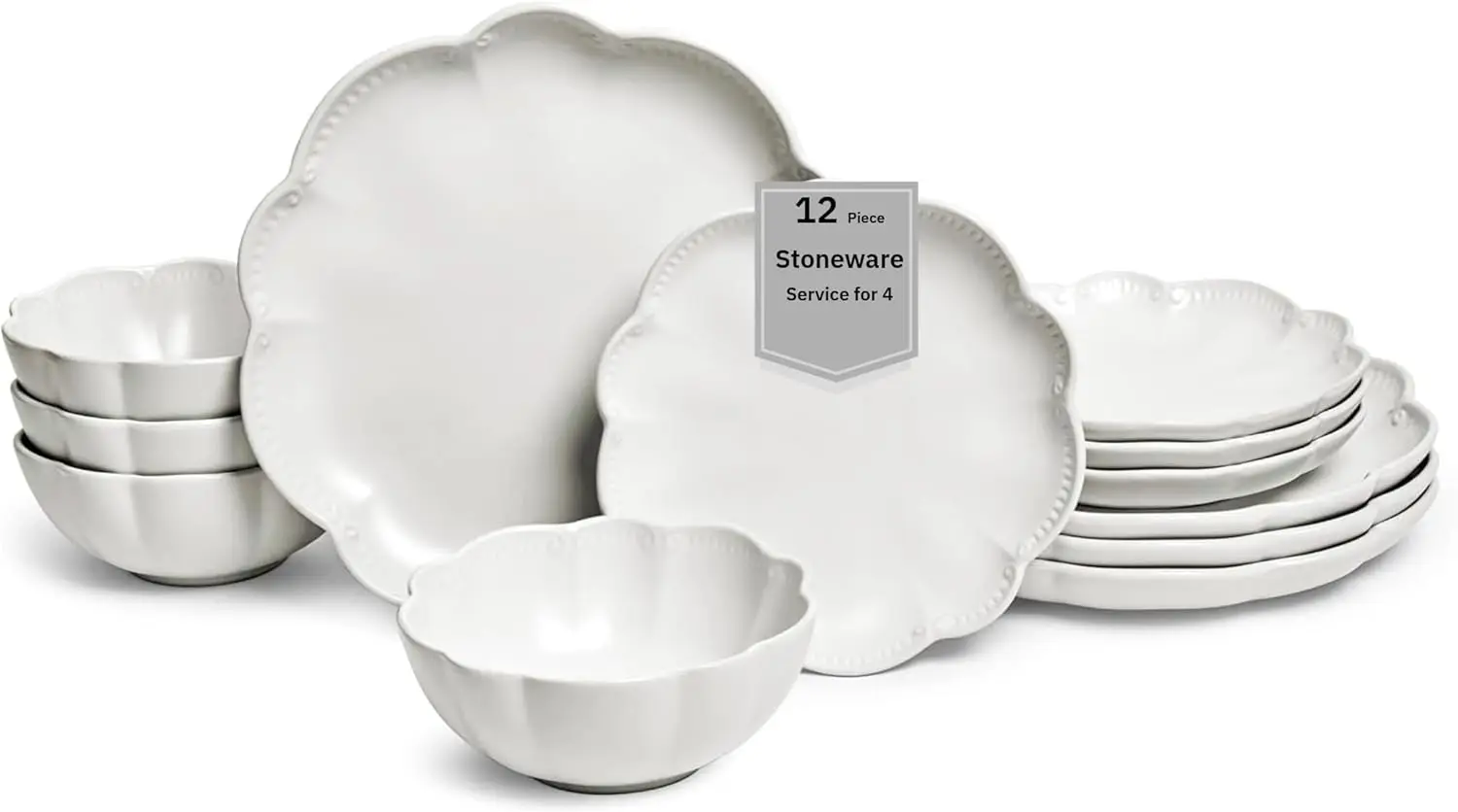 

12 Pieces Scalloped Dinnerware Set, Modern White Dishes for 4, Premium Serving Plates & Bowls Sets, Chip & Scratch Resista