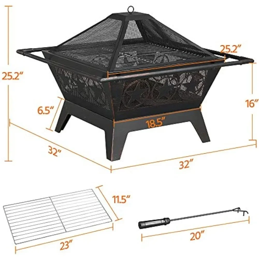 Heavy Duty Square Wood Burning Fire Pit,Outside Outdoor Fireplace, 32 