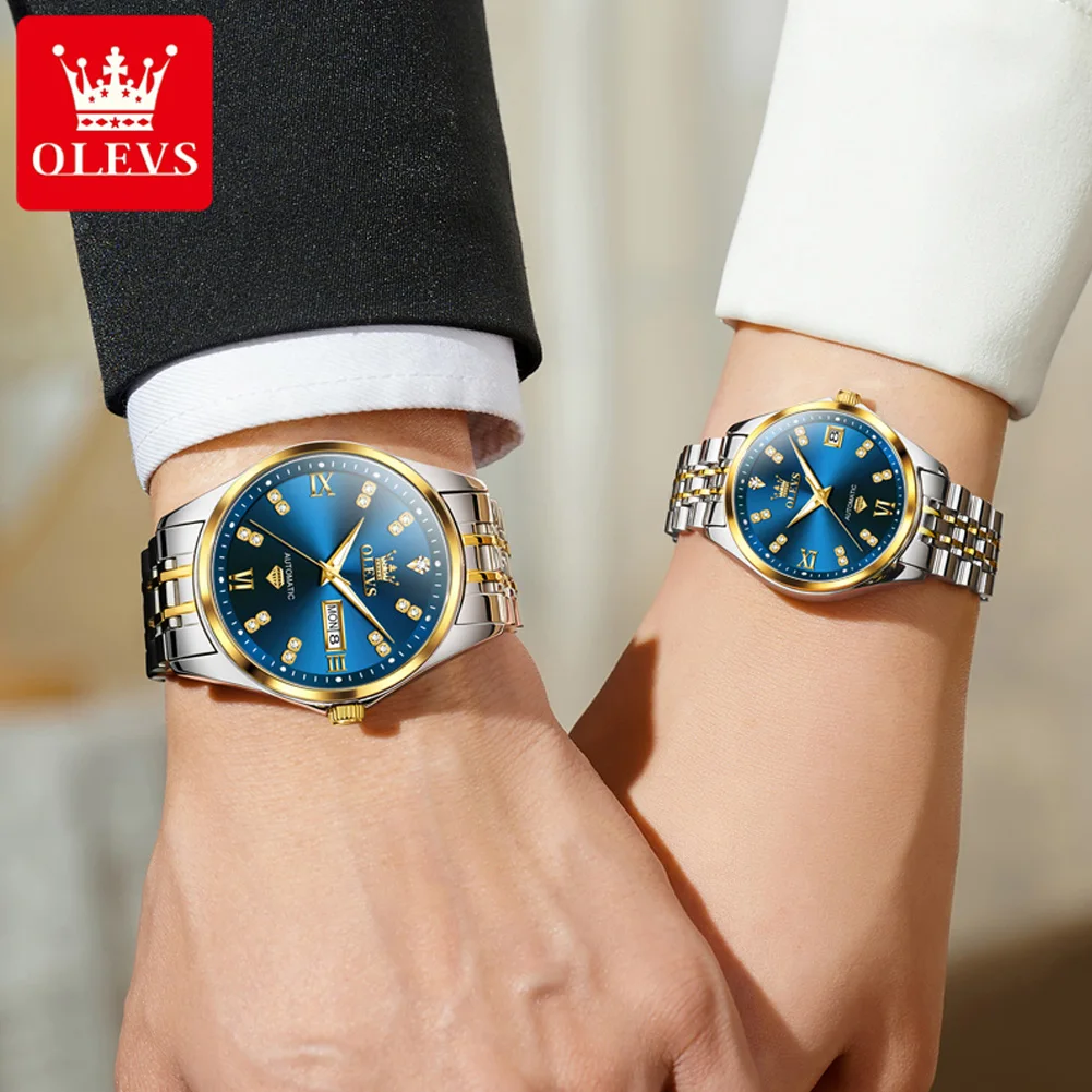 OLEVS 9801 Couple Watch Luxury Original Fashion Brand Waterproof Luminous Mechanical Watch Diamond Scale Day Date Watches Reloj