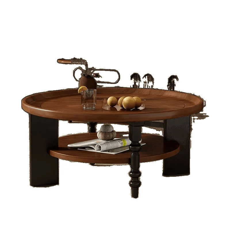 

French retro style antique coffee table, round solid wood Chinese-style American small apartment tea table