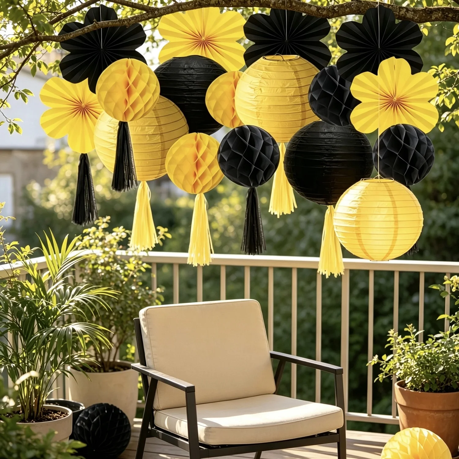 56PCS Black Yellow Paper Honeycomb Flower Fan Tassels Lantern Set for Christmas New Year Halloween Graduation Party Decorations
