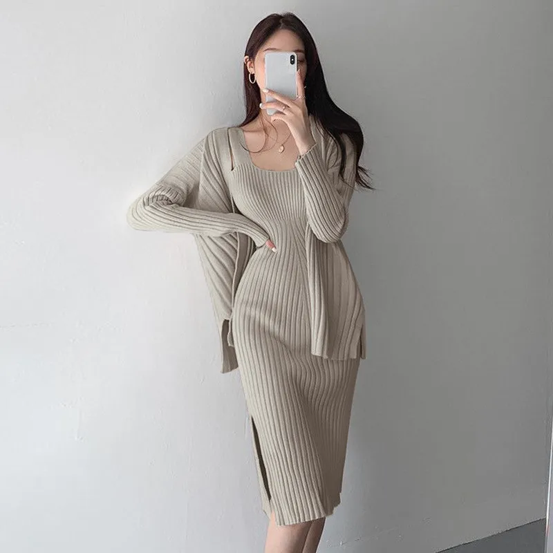 Hotsweet Women 2pcs Suits Full Sleeves Cardigan+Halter Spaghetti Strap Sheath Long Dress Knitted Solid Sets