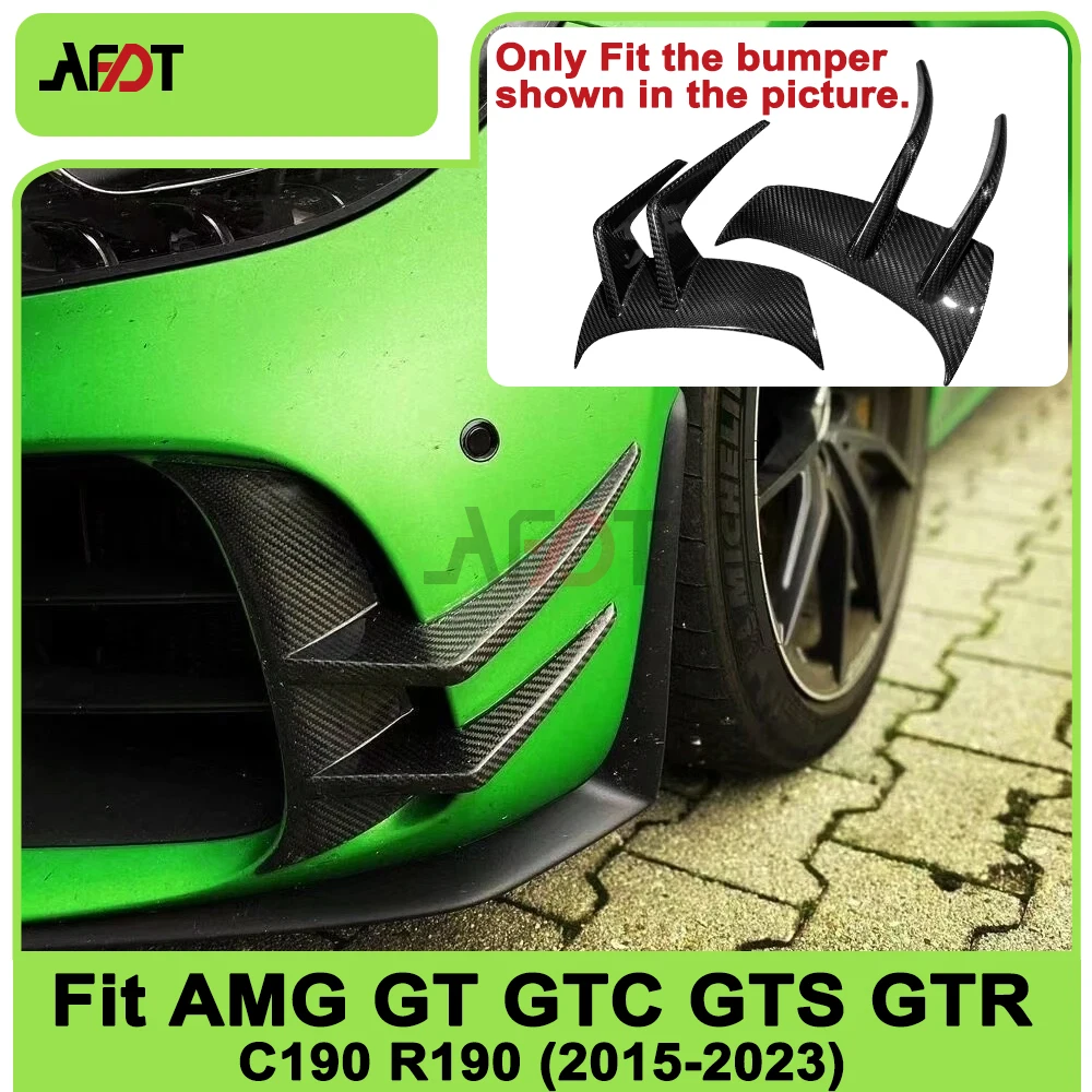 For Benz AMG GT C190 R190 GTC GTS GTR 2Doors 2015-2023 Real Dry Carbon Fiber Front Bumper Canards Fins Sticker Car Exterior