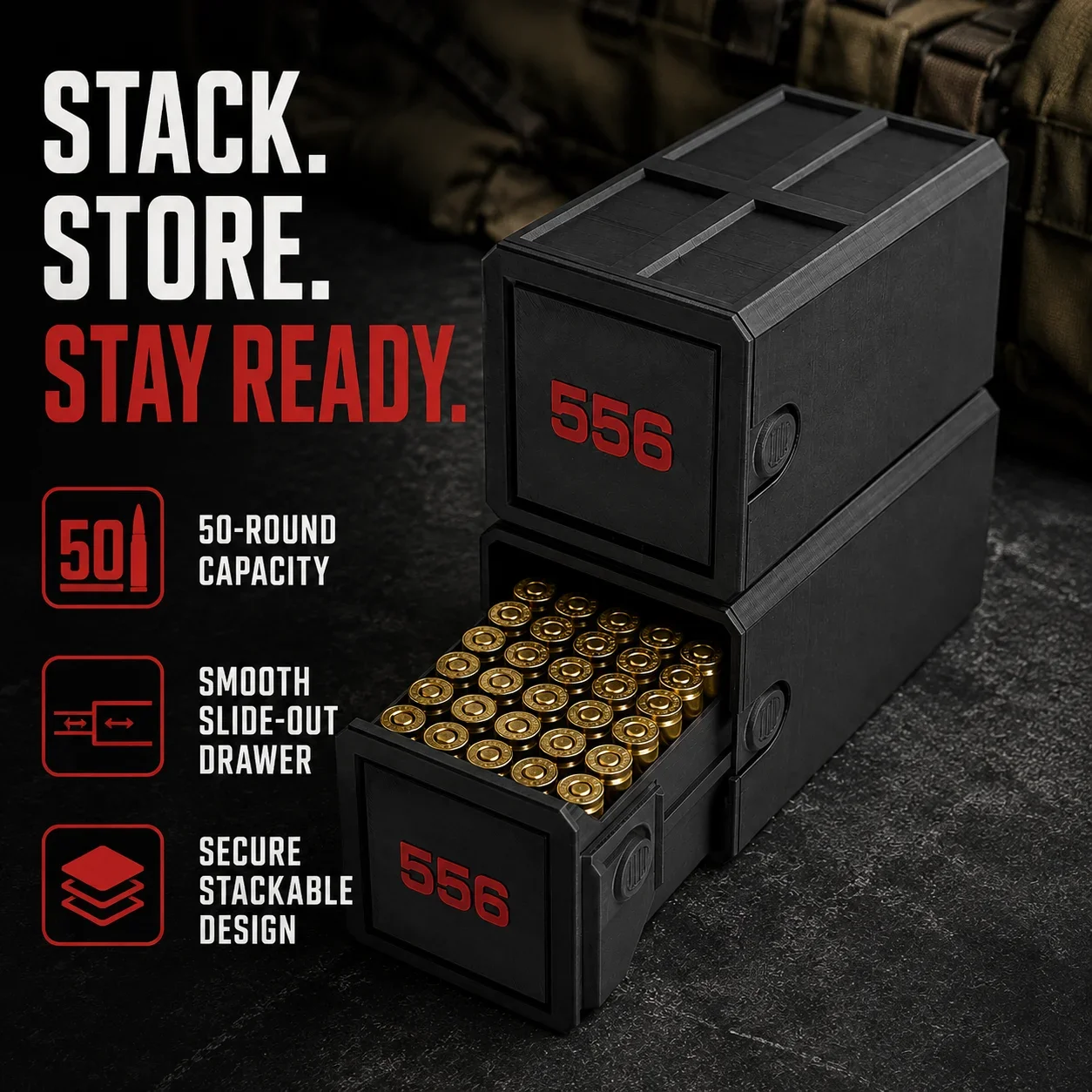5.56 Ammunition Storage Box Bullet Box Organizer, 50-round ammo capacity, drawer design, durable stackable tactical ammo case