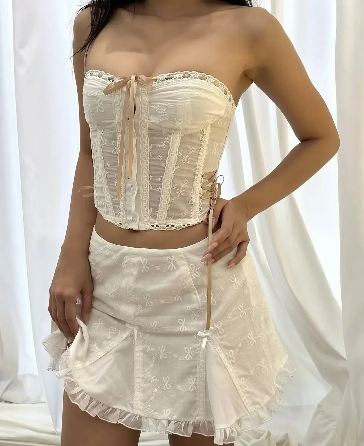 White Lace skirts for women low rise mini skirt vintage embroidery skirts womens 2026 Summer clothes mini skirts cotton bow tie
