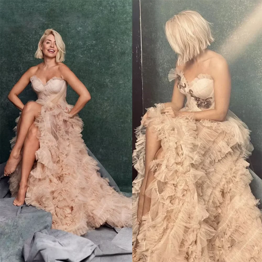 Plus rozmiar suknie balowe ciążowe w ciąży suknia wieczorowa z odkrytymi ramionami Custom Made bez ramiączek wielowarstwowe falbany Split sukienki na przyjęcie