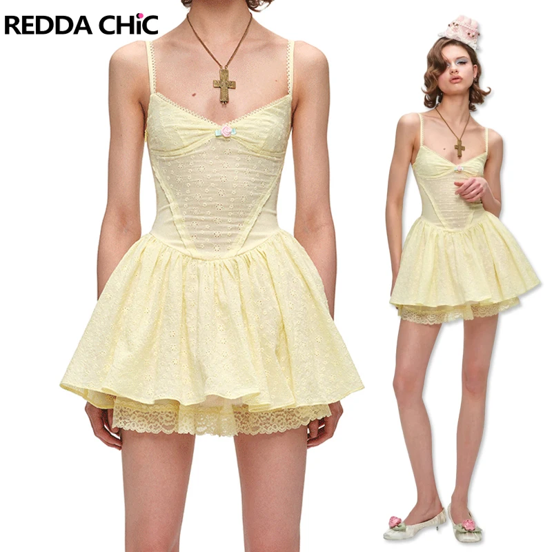 REDDACHiC Cutecore Ruffle Mini Dress Women Coquette Cotton Lace Trim V-neck Spaghetti Straps One-piece Going Out Summer Clothes