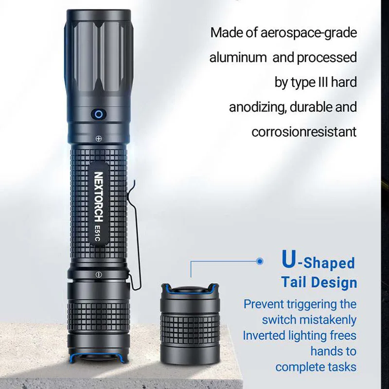 NEXTORCH E51C Rechargeable Straight EDC Flashlight,P9 LED 1600 Lumens, 18650 Battery, IPX8 Waterproof for Camping, Hiking