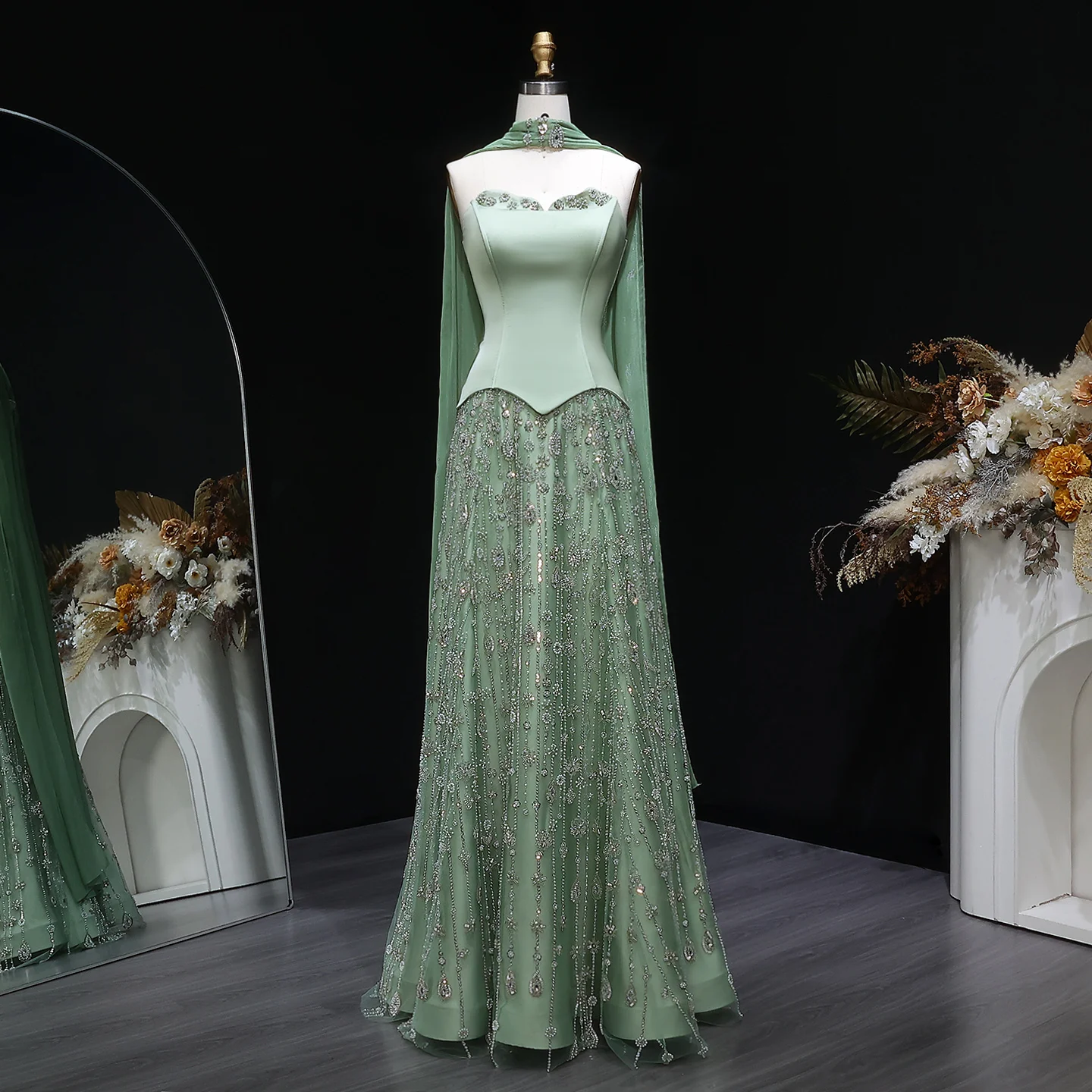 Sharon Said Arabisches Champagner-Perlen-Perlenbesetztes A-Linien-Abendkleid Schulterfrei mit Schal Damen Hochzeitsfeierkleid SS627 Maßanfertigung – Detail 4