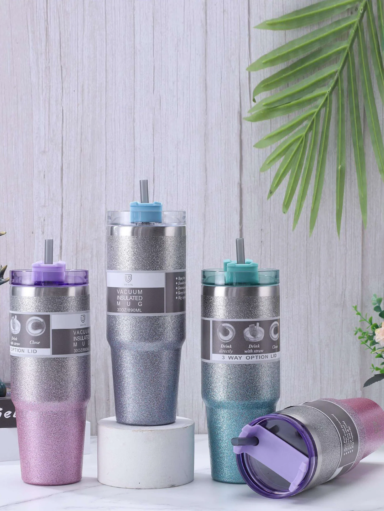 كوب معزول ومبرد من الفولاذ المقاوم للصدأ بطبقة مزدوجة من ضوء النجوم المتدرج - مع قش، كوب مسطح معبأ في زجاجات، فنجان قهوة، كوب سيارة #5