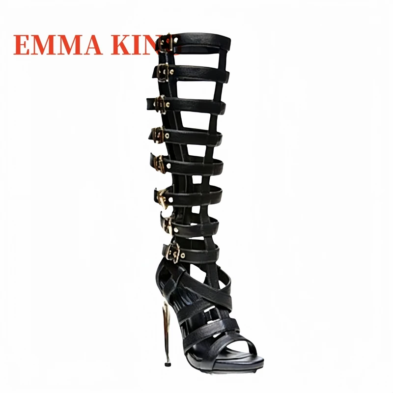 الصيف النساء اللمحة تو الصنادل التمهيد رقيقة عالية الكعب مشبك حزام النساء الركبة عالية صنادل طراز جلاديتور السيدات فستان رسمي كعب الأحذية #5