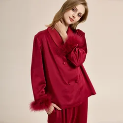 Luxury Feather Bride Wedding 2PCS Pajamas Set Autumn Winter Velvet Thicken Sleepwear Trouser Suits Loose Women Homewear Pyjama