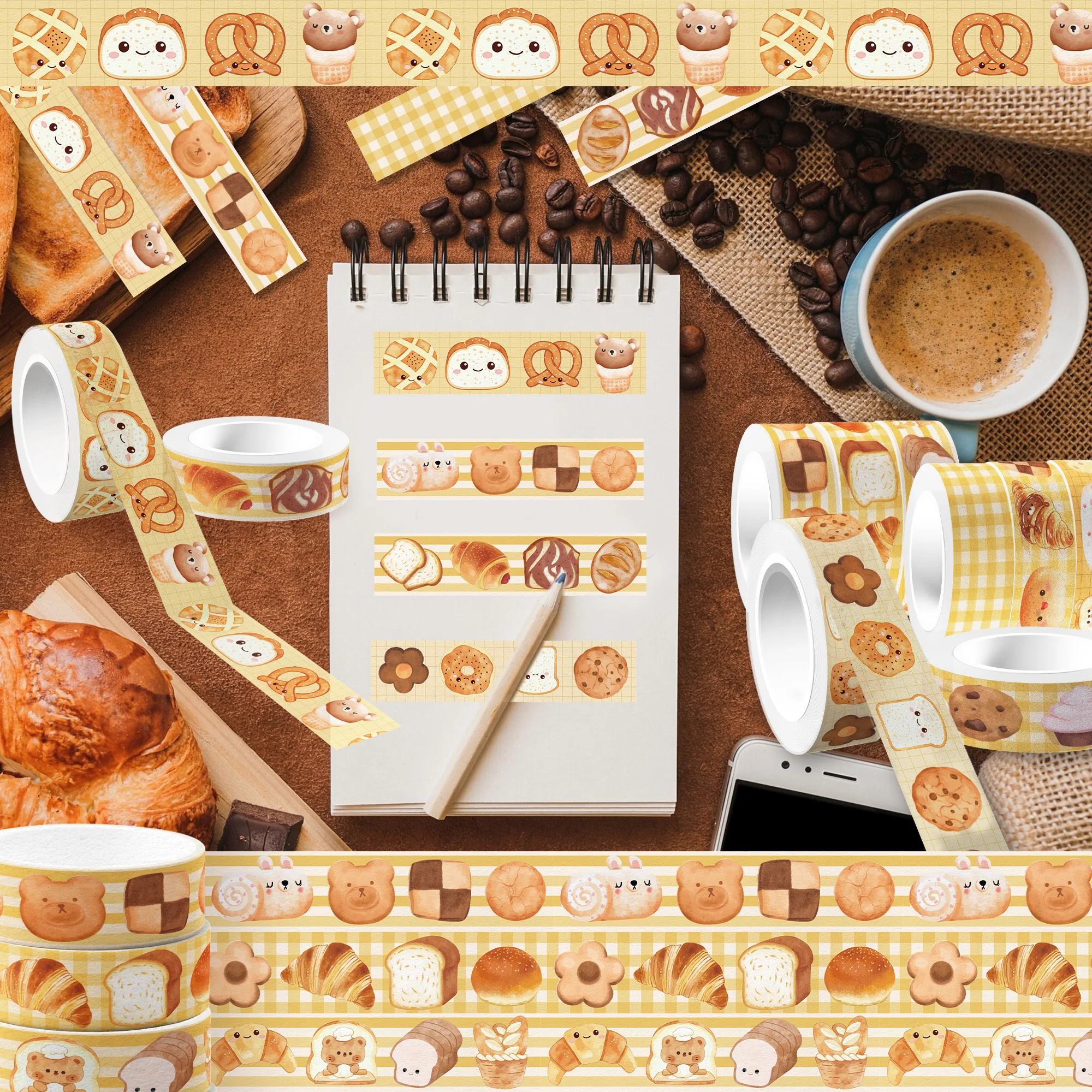 12 Rolls Bear Bread Pattern Washi Tape Set,Decorative Paper Stickers,Craft Tape for Scrapbooking Decoration Party Supplies - view 5