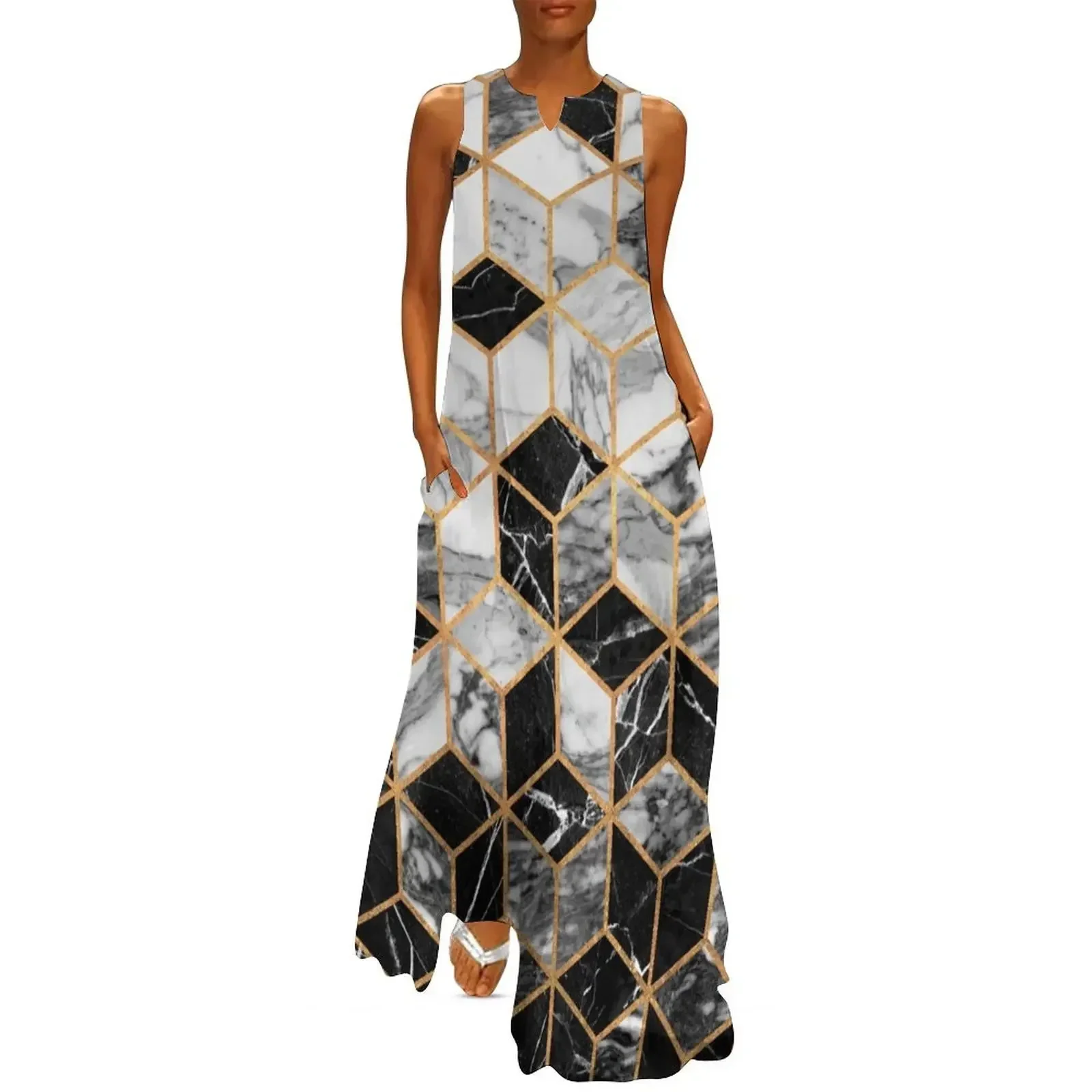 

Marble Cubes - Black and White Long Dress dress beach dress Elegant gowns women clothes