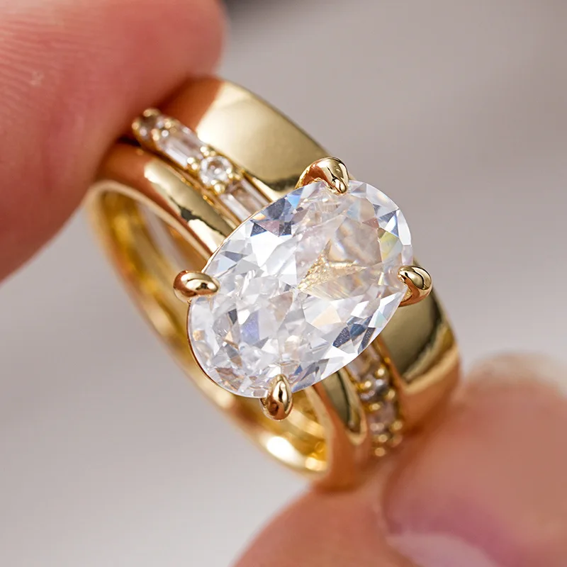 3Pcs A Set Band Rings 18k Gold Plated Oval Cubic Zirconia Band Ring for Woman Fashion Jewelry Wedding Anniversary Promise Party