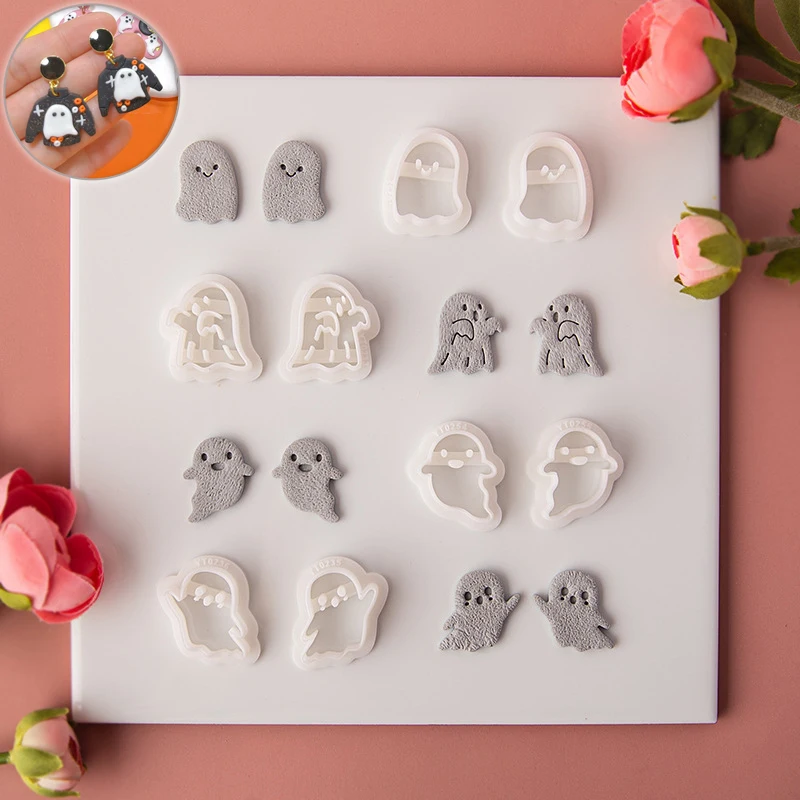 Halloween Kawaii Ghost Soft Pottery Clay Molds Geometric Polymer Cutter Gadgets DIY Ceramic Earrings Jewelry Pendants Clay Tools