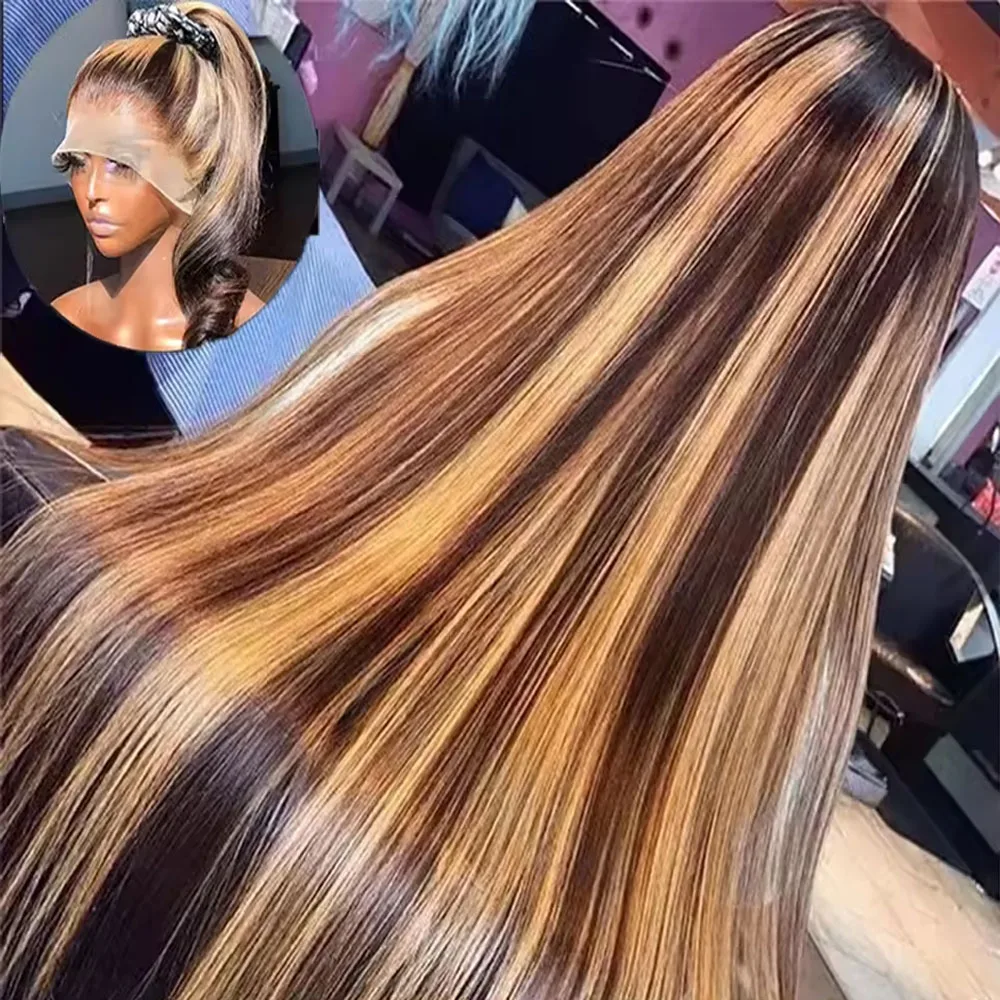 

Парик из натуральных бразильских волос P4/27 Highlight Bone Straight 13x4 HD Lace Frontal, омбре, медово-русый, для женщин.