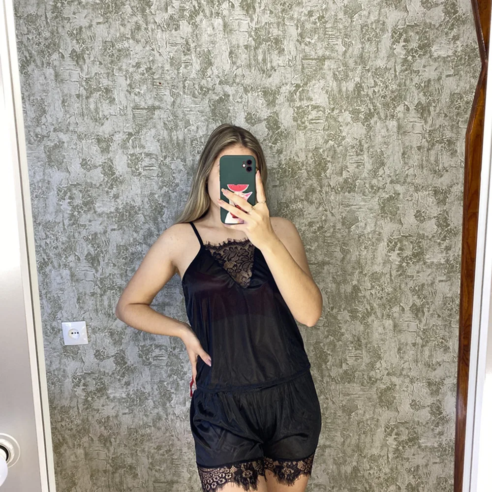 Robe de nuit à bretelles spaghetti avec col en V, vêtements de nuit, lingerie d\'été