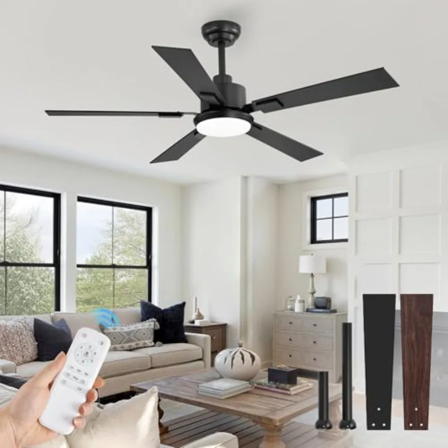 52 inch Black Ceiling Fans with Lights and Remote, Indoor/Outdoor Modern Ceiling Fan for Bedroom Living Room Patio, 6 Speed Rev
