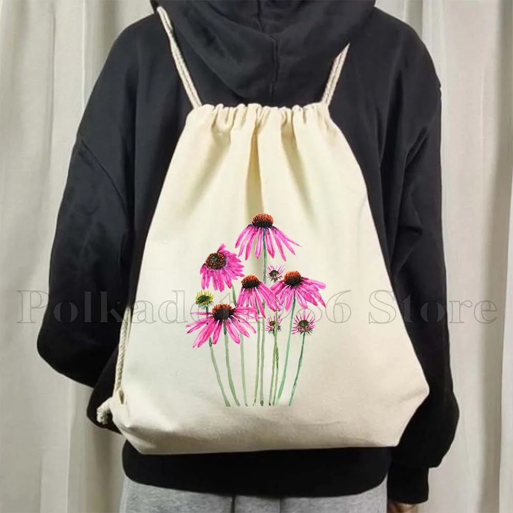 Bird of Paradise Flowers Yellow Cosmos Lily Peach Coneflower African Violet Lavender Drawstring Bag Soccer Backpack Gym Sackpack