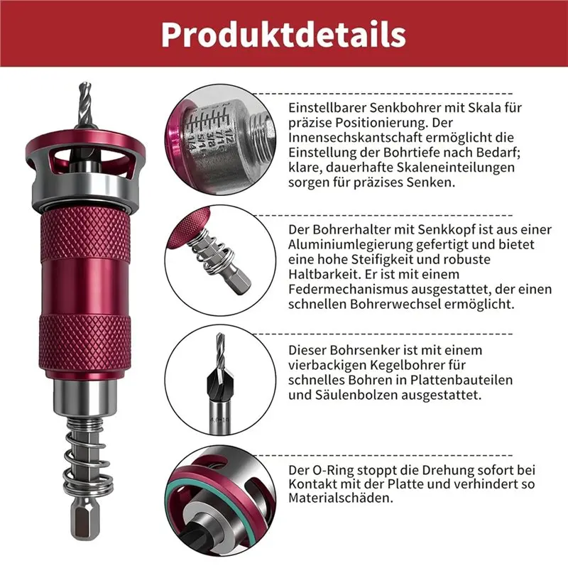 Countersink Drill Set, Countersink Wood Drill with Adjustable Depth Stop, Countersink Drill with 1/4 Inch Hex Shank