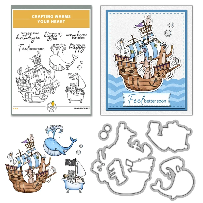 Sail Boat And Dolphin Animal Cutting Dies Clear Stamp DIY Scrapbooking Metal Dies Silicone Stamp For Card Album Decor