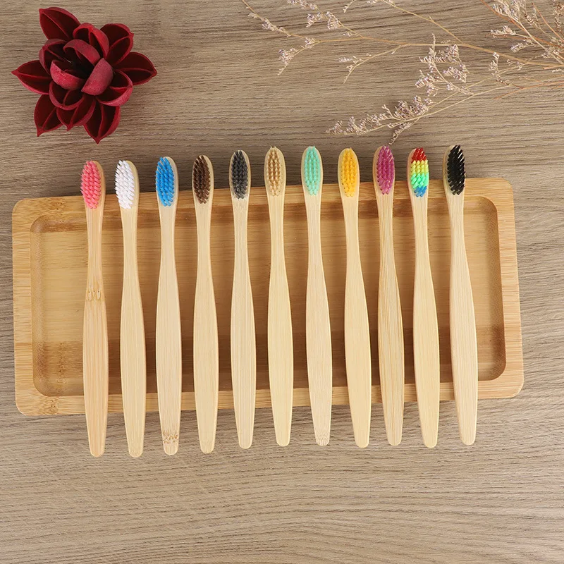 100 Pcs Biodegradable Eco-Friendly Natural Bamboo Charcoal Toothbrushes Soft Bristle Travel Wooden Manual Toothbrush Laser LOGO