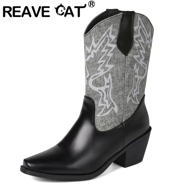

REAVE CAT Cowgirl Western Boots Square Toe 6.5cm Block Heels Slip On Mixed Color Large Size 43 44 45 46 Casual Mid Calf Booties