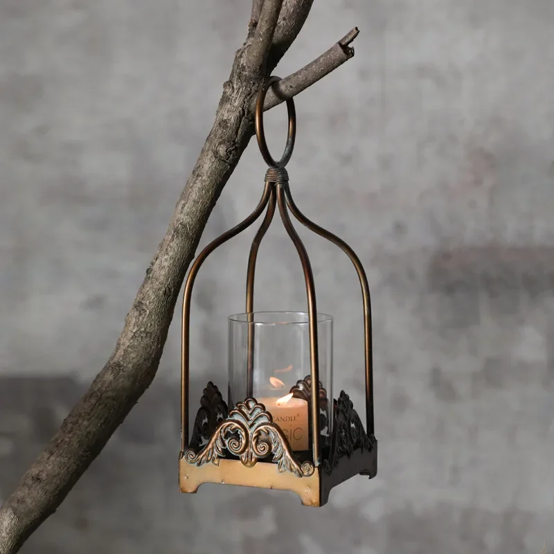 Vintage Glass Candle Holder with Iron Metal Stand Creative Design Decorative Wind Lantern for Dining