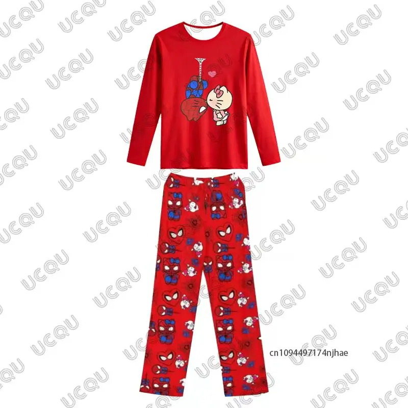 2피스 의상 남성용 트랙수트 스파이더맨 & 헬로키티 프린트 긴팔 티셔츠+파자마 바지 캐주얼 커플 수트 오버사이즈 세트